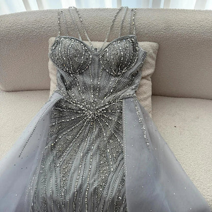 Luxury Nude Spaghetti Strap Mermaid Evening Dress with Overskirt Beaded LA73090A