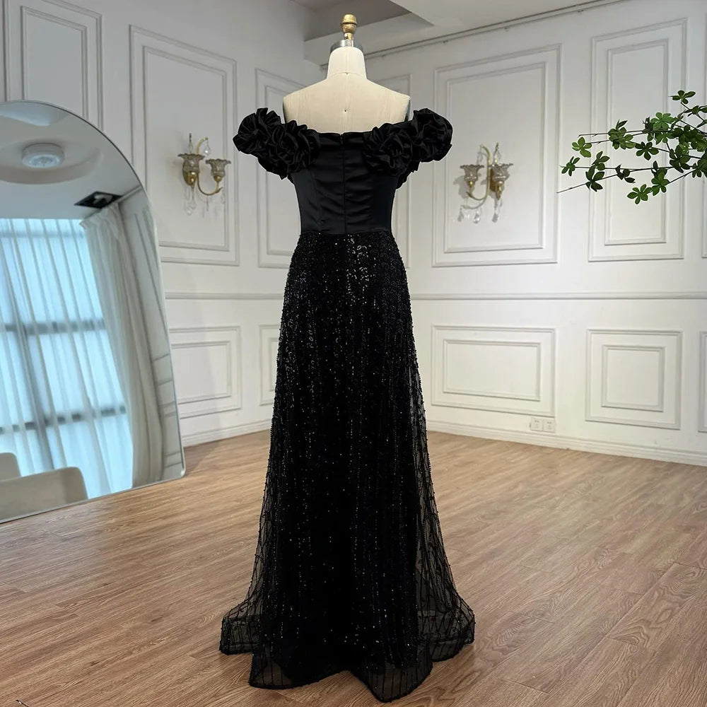 Luxury Black Off Shoulder Sequin Evening Dress with Floral Sleeves LA73096