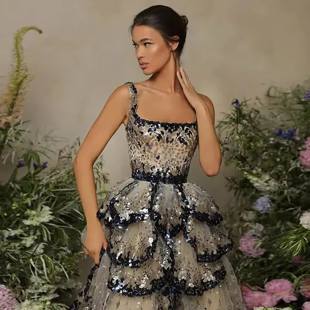 Designer Sparkly Sequin Tiered Ruffles Ball Gown Evening Dress LA72505