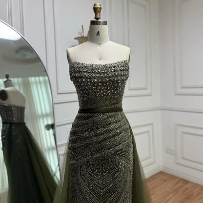 Lilac Olive Green Mermaid Evening Dress with Detachable Overskirt LA73162