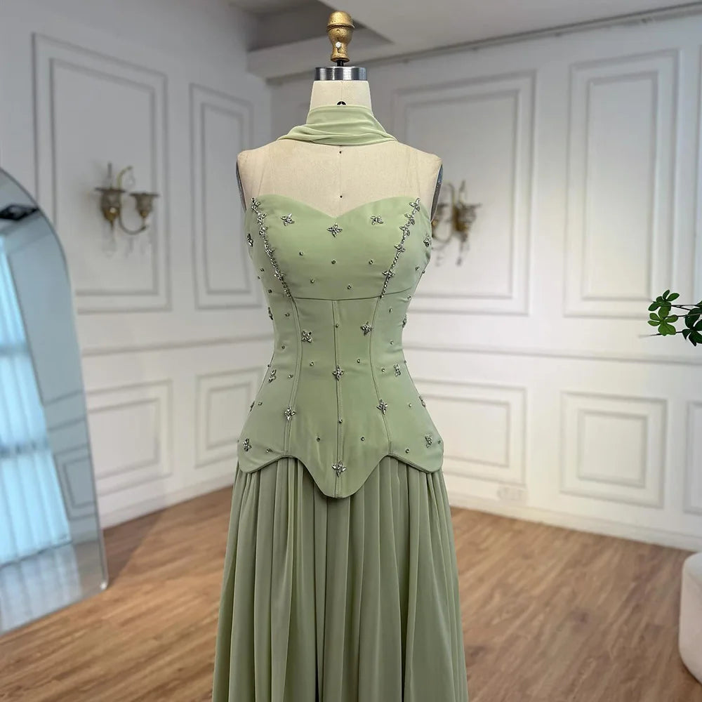 Elegant Sage Green Strapless A-Line Chiffon Evening Dress LA73073