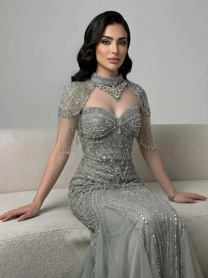 Luxury Nude Beaded High Neck Mermaid Evening Dress LA72897