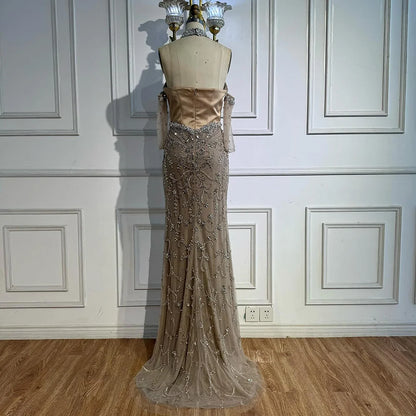 Luxury Caramel Sheer   Beaded Evening Dress with Gloves LA72929A