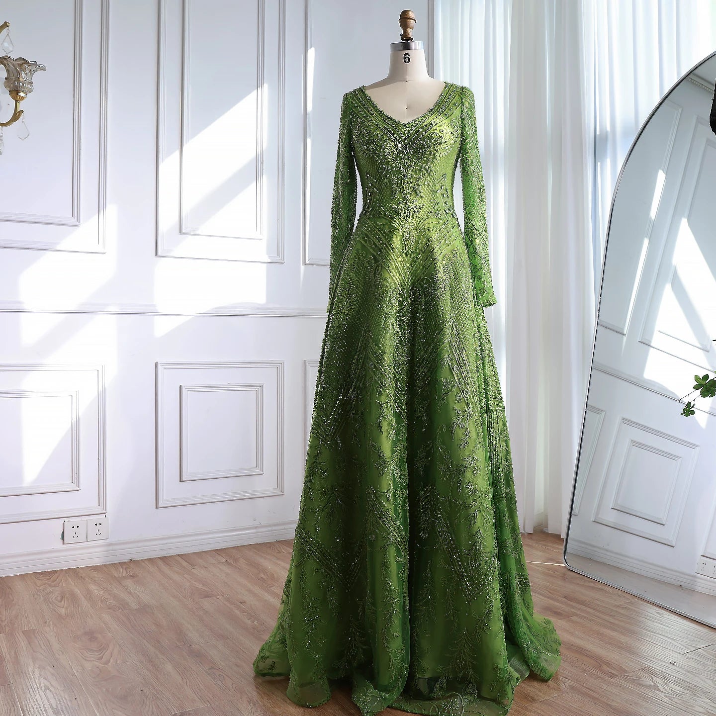 Luxury Lime Green Lace Beaded Long Sleeve Evening Dress LA73324