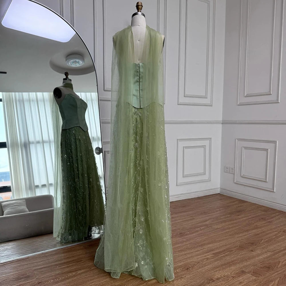 Luxury Sage Green and Pink Arabic Strapless Beaded Evening Dress LA72805D
