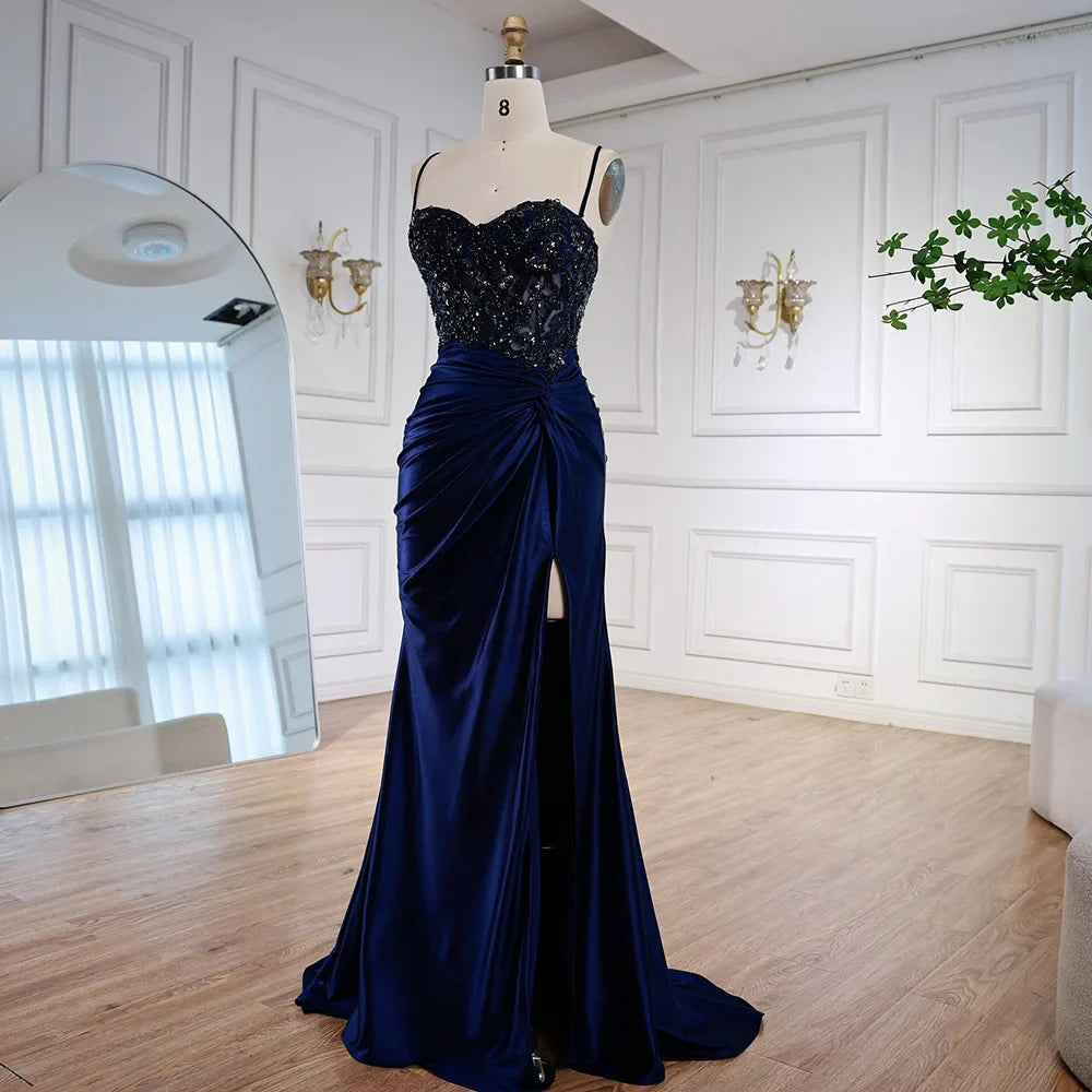 Luxury Light Green Satin Prom Dress with Lace and Slit LA73032A