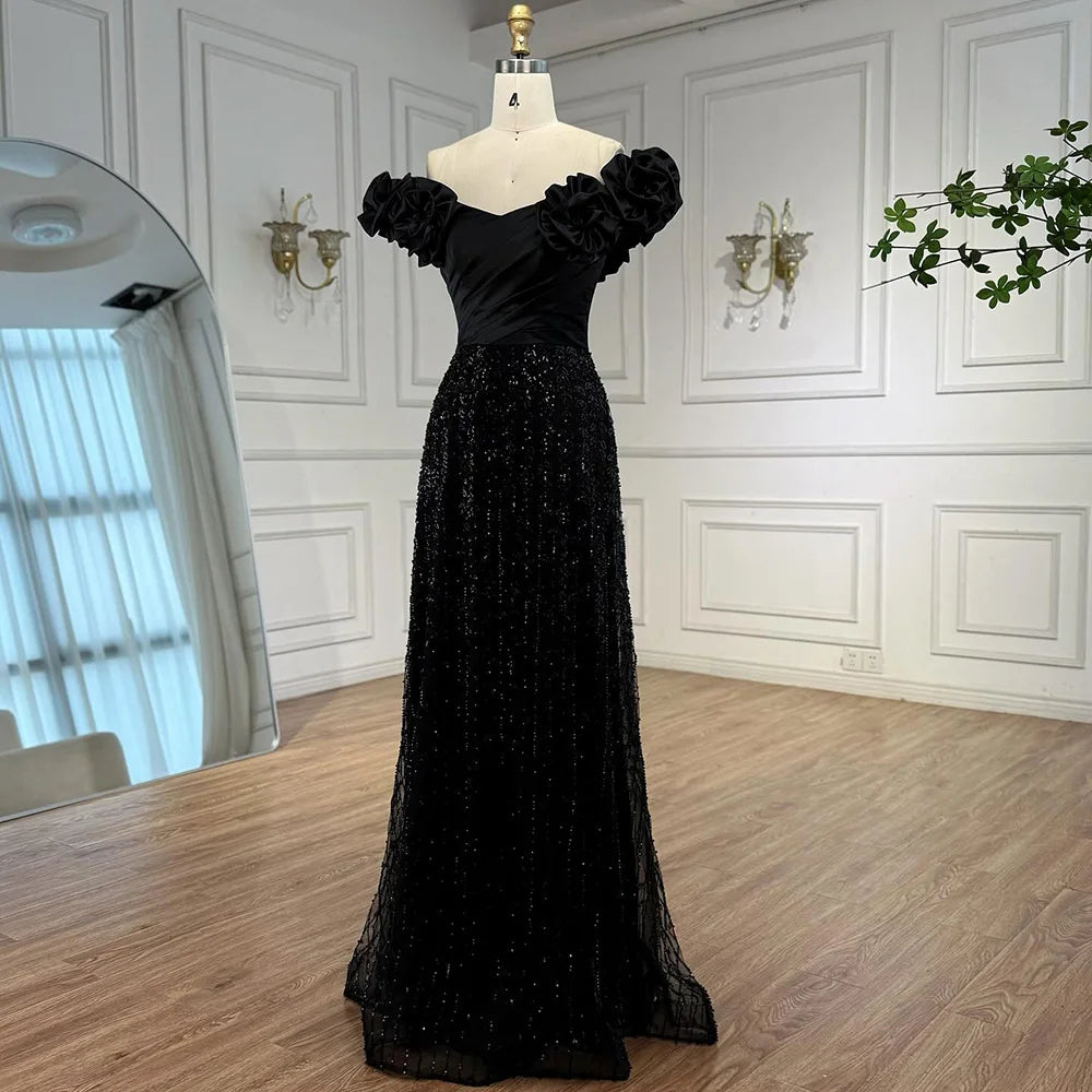 Luxury Black Off Shoulder Sequin Evening Dress with Floral Sleeves LA73096