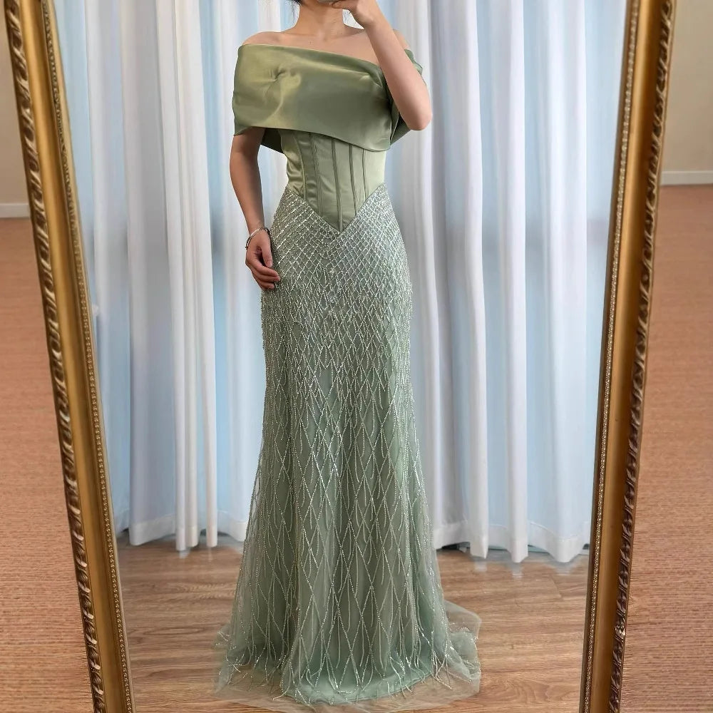 Sage Green Off Shoulder Tassel Beaded Mermaid Evening Dress LA73037