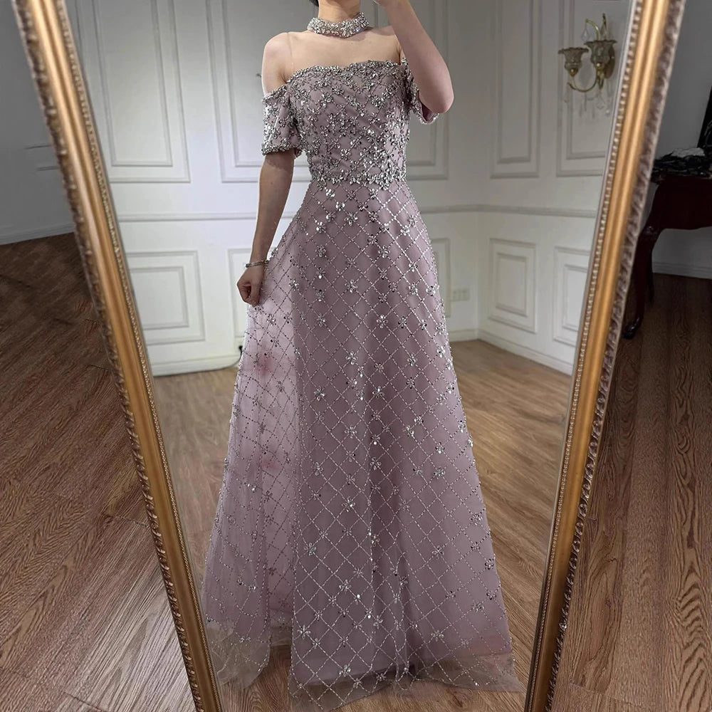 Luxury Nude Sliver Off Shoulder Beaded Crystal A-Line Evening Dress LA73122
