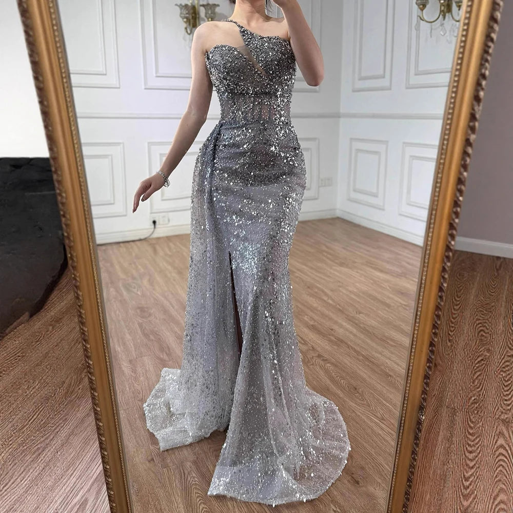 Luxury Silver Gray Crystal Beaded One Shoulder Evening Dress with Overskirt LA73160