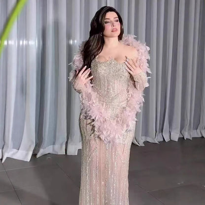 Luxury Caramel Beaded Mermaid Evening Dress with Feather Sleeves LA73055