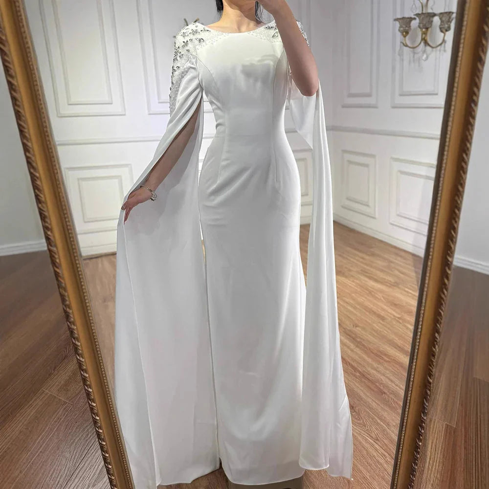 Luxury White Mermaid Evening Dress with Cape LA70934