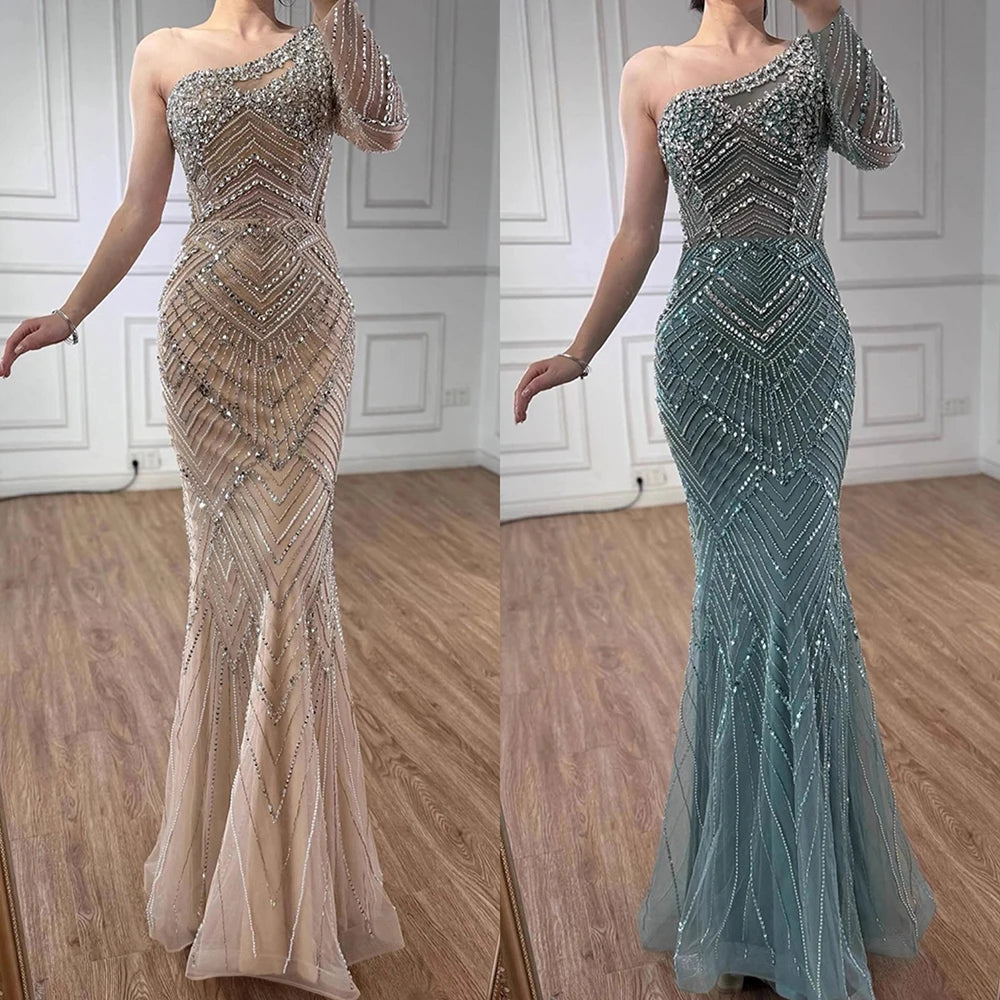 Luxury Nude One Shoulder Long Sleeve Beaded Evening Dress LA73180