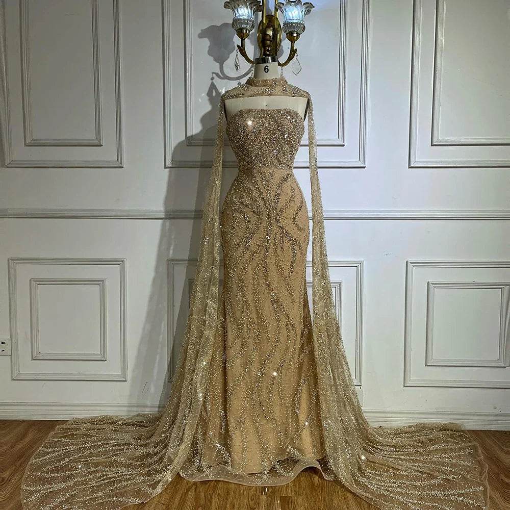 Luxury Nude Mermaid Evening Dress with Cape Sleeves LA72824