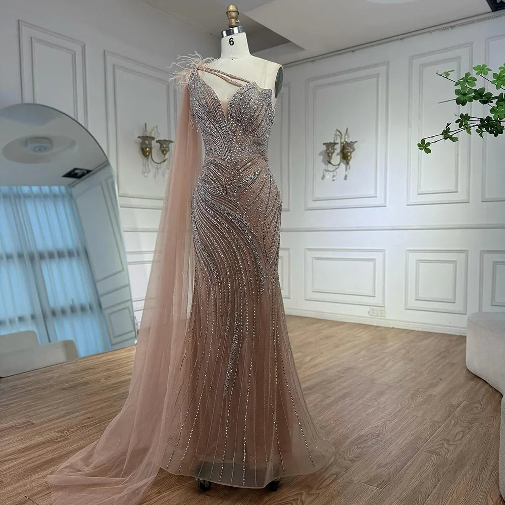 Luxury Caramel One Shoulder Beaded Mermaid Evening Dress LA72895