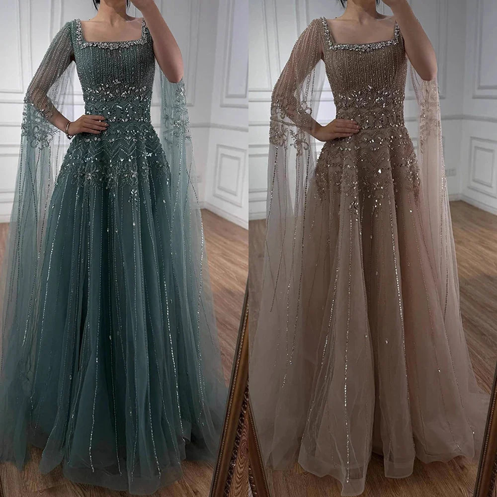 Luxury Caramel A-Line Beaded Evening Dress with Cape Sleeves LA73089A