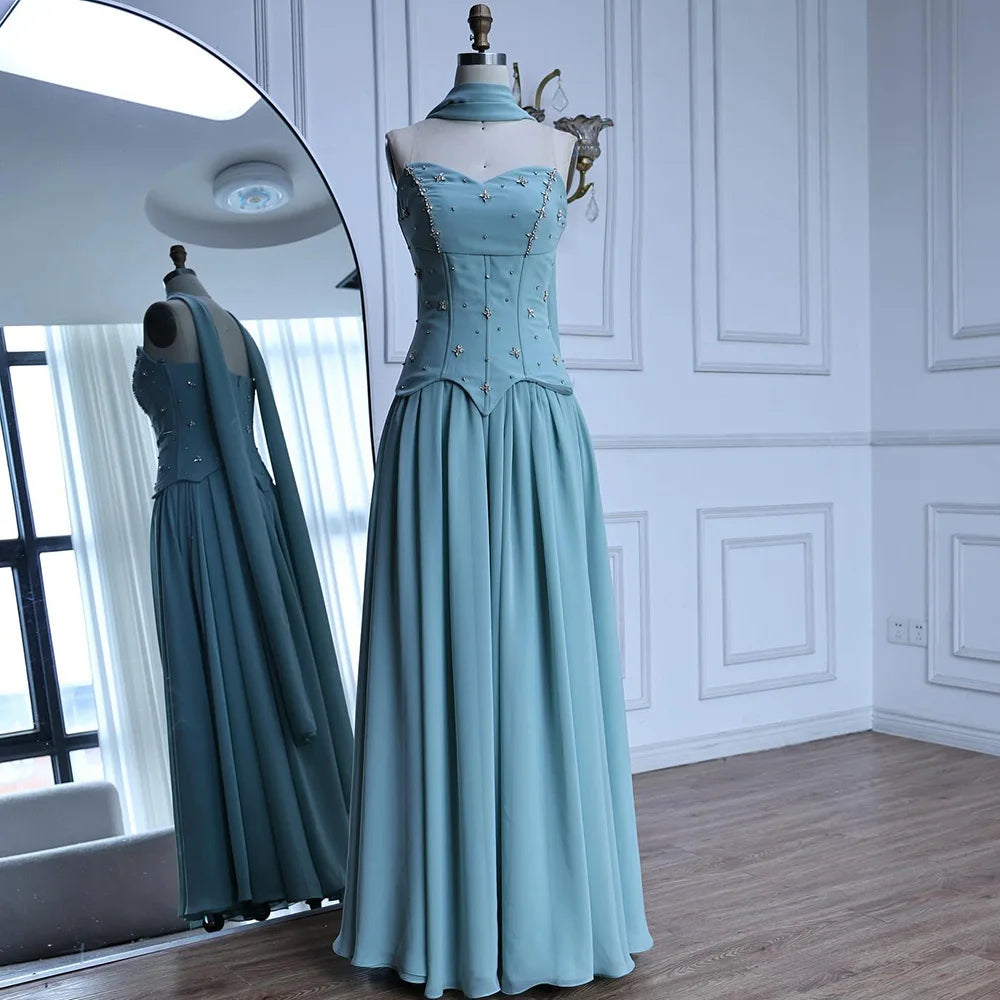 Elegant Sage Green Strapless A-Line Chiffon Evening Dress LA73073