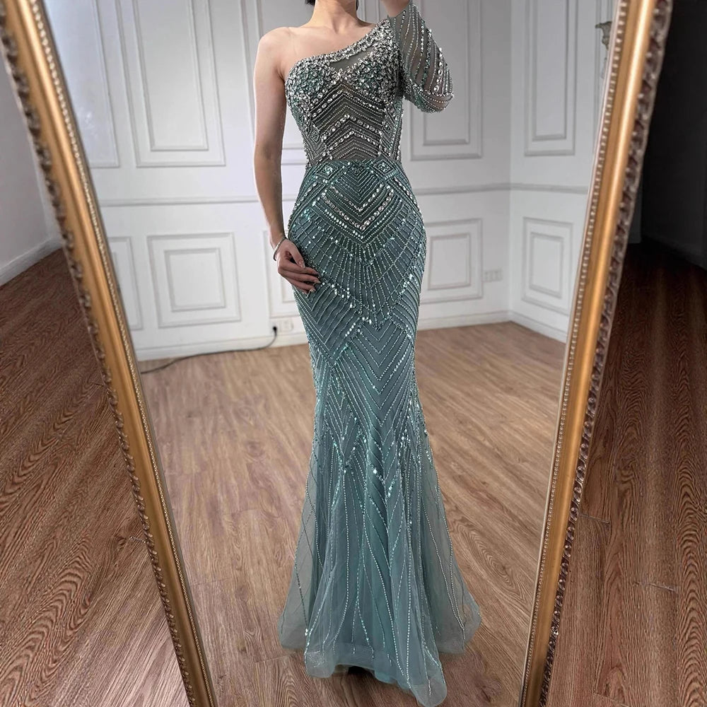 Luxury Nude One Shoulder Long Sleeve Beaded Evening Dress LA73180