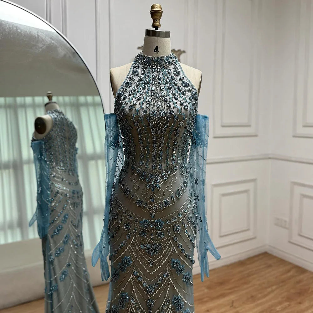 Luxury Dubai Arabic Blue Beaded Evening Dress with Gloves LA72760A