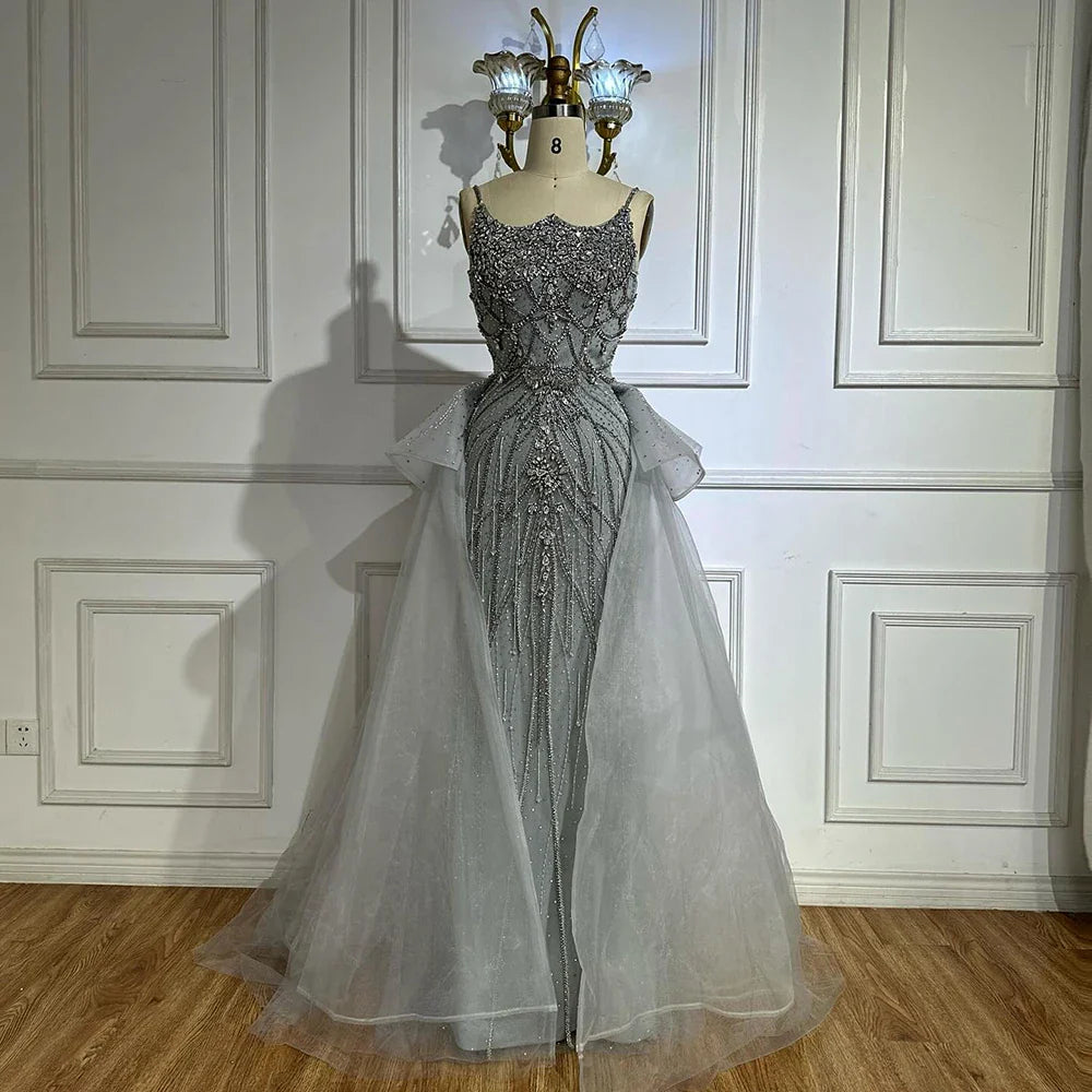 Luxury Dubai Nude Saudi Beaded Spaghetti Strap Evening Dress with Overskirt LA72810