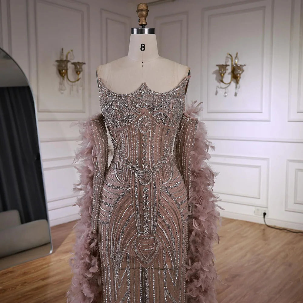 Luxury Caramel Beaded Mermaid Evening Dress with Feather Sleeves LA73055