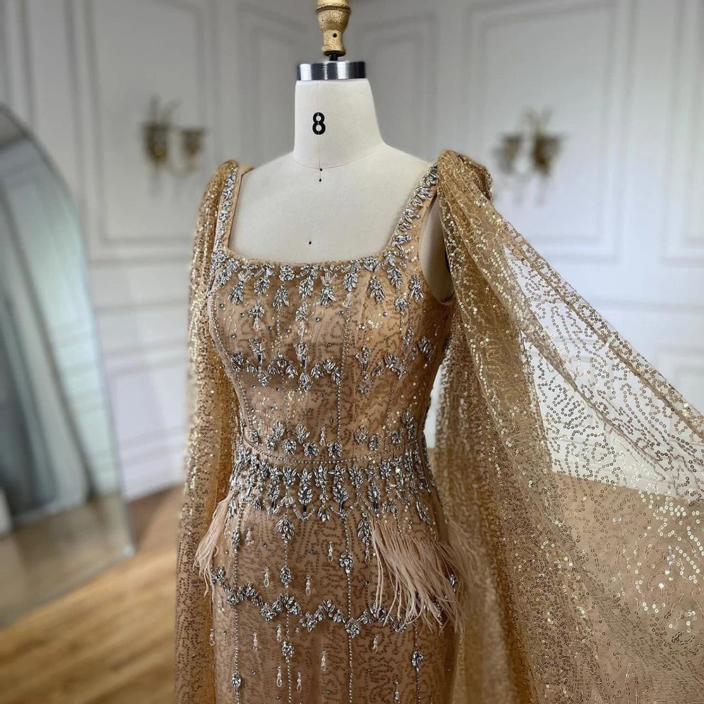 Bling Gray Mermaid Feather Arabic Midi  Evening Dress with Cape LA72334