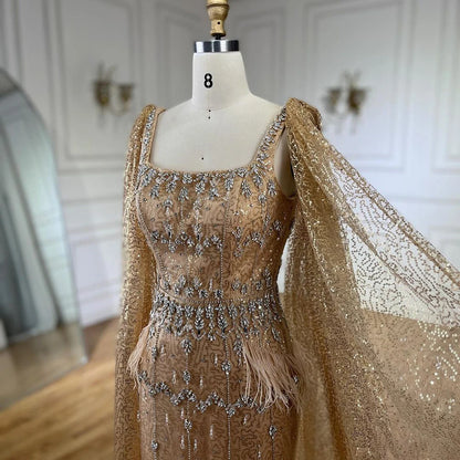 Bling Gray Mermaid Feather Arabic Midi  Evening Dress with Cape LA72334