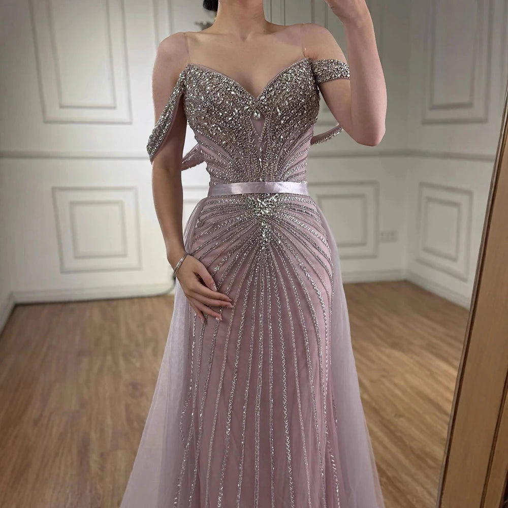 Luxury Nude Arabic Crystal Beaded Mermaid Off Shoulder Evening Dress LA73128