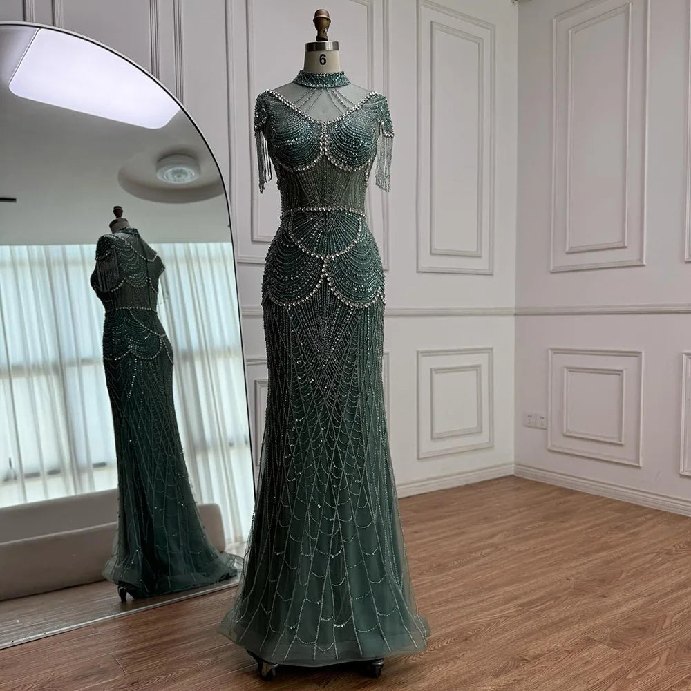 Luxury Turquoise High Neck Beaded Tassel Evening Dress for Women LA73112