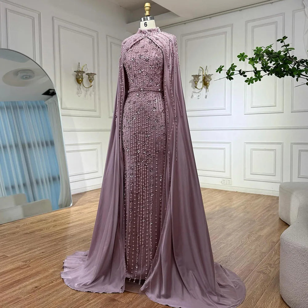 Luxury Blue Muslim Mermaid Beaded Evening Gowns with Cape Sleeves LA72533