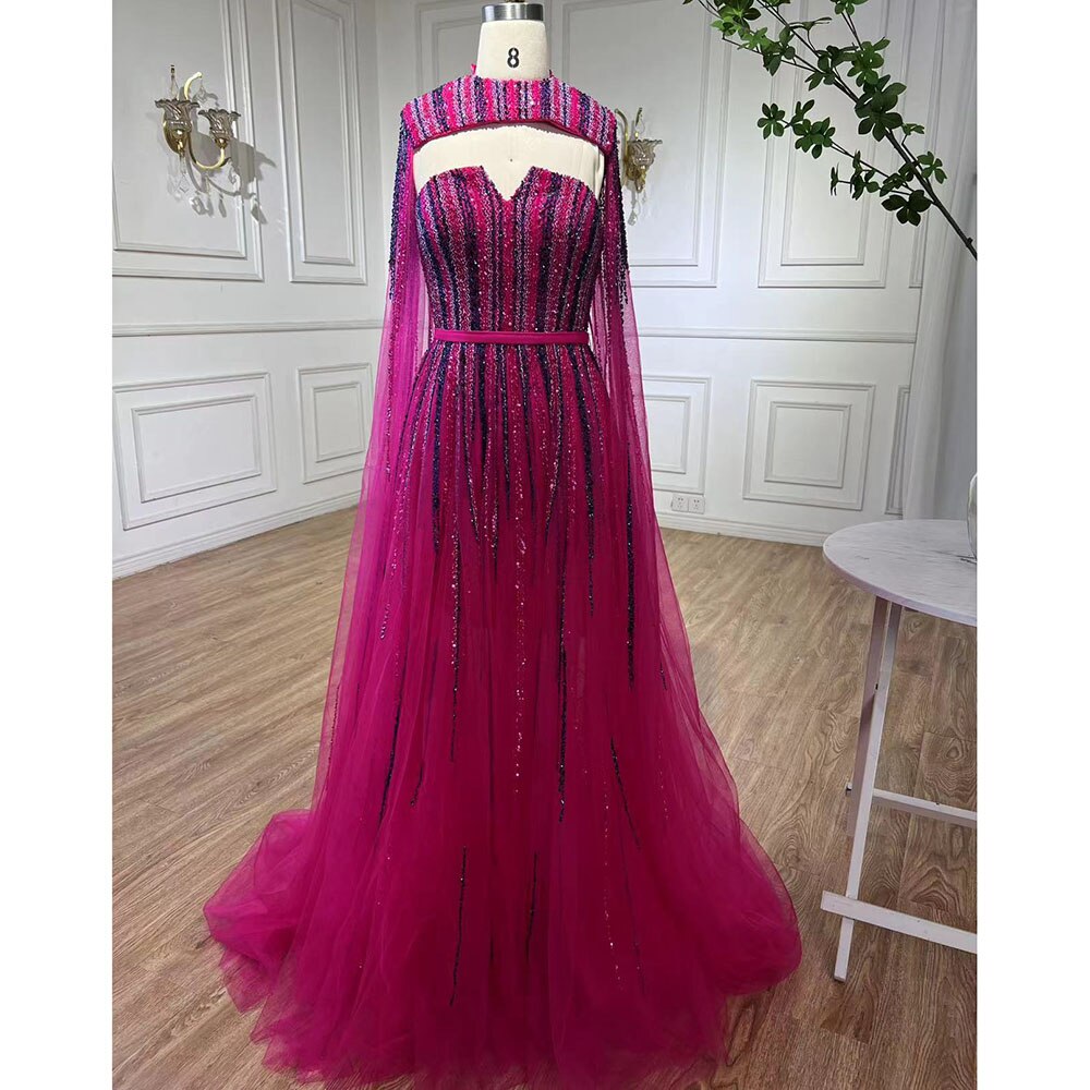 Luxury Dubai Fuchsia Evening Dress with Cape Sleeves LA71912