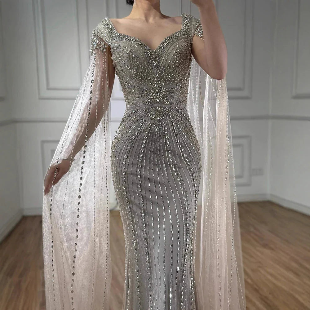 Luxury Arabic Nude Beaded Evening Dress with Cape Sleeves LA73181