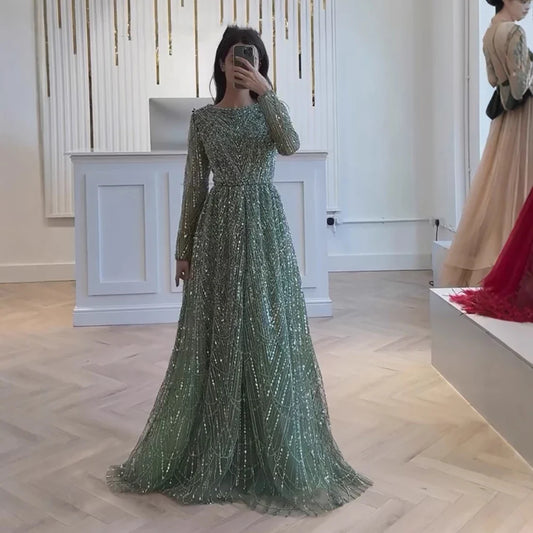 Luxury Olive Green Beaded A-Line Evening Dress Long Sleeves LA72738B