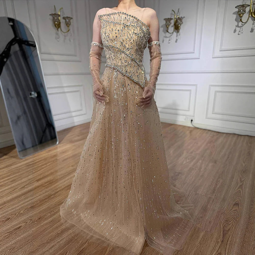 Luxury Nude Crystal Beaded A-Line Evening Dress with Split LA72949