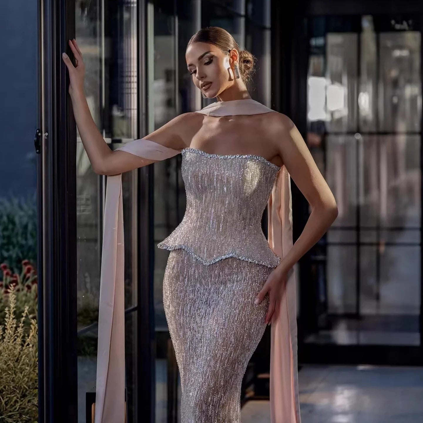 Luxury Nude 2 Pieces Pearl Sequin Evening Dress with Scarf LA73076A