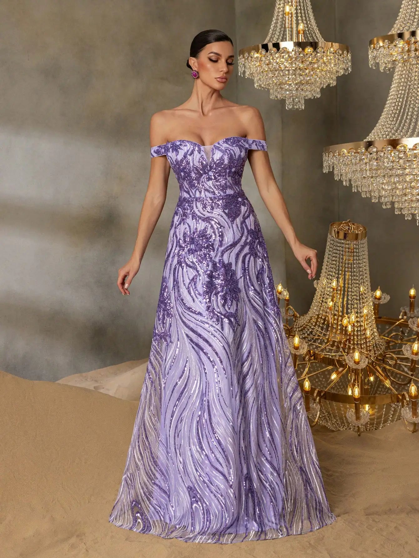 Luxury Lilac Sequin A-Line Evening Dress Off-Shoulder LA73261