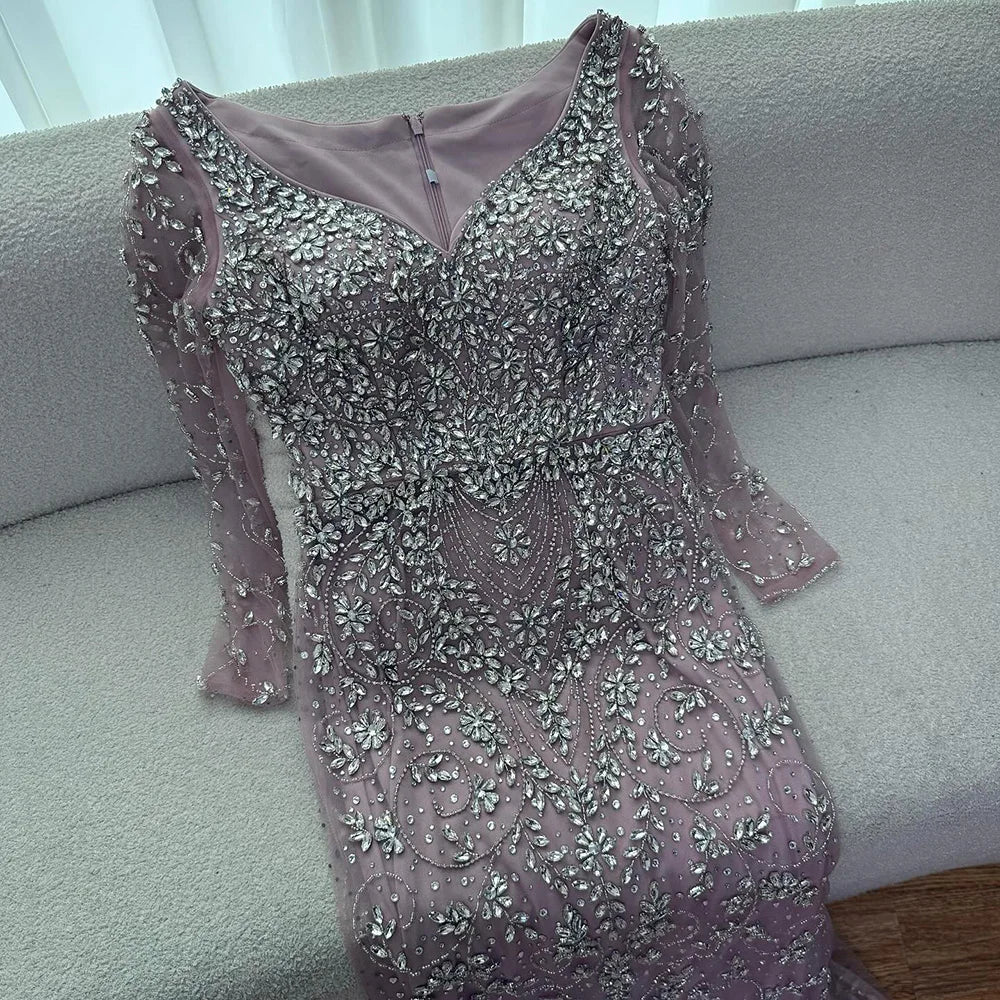 Luxury Nude Beaded Crystal Mermaid Evening Dress with Long Sleeves LA73042
