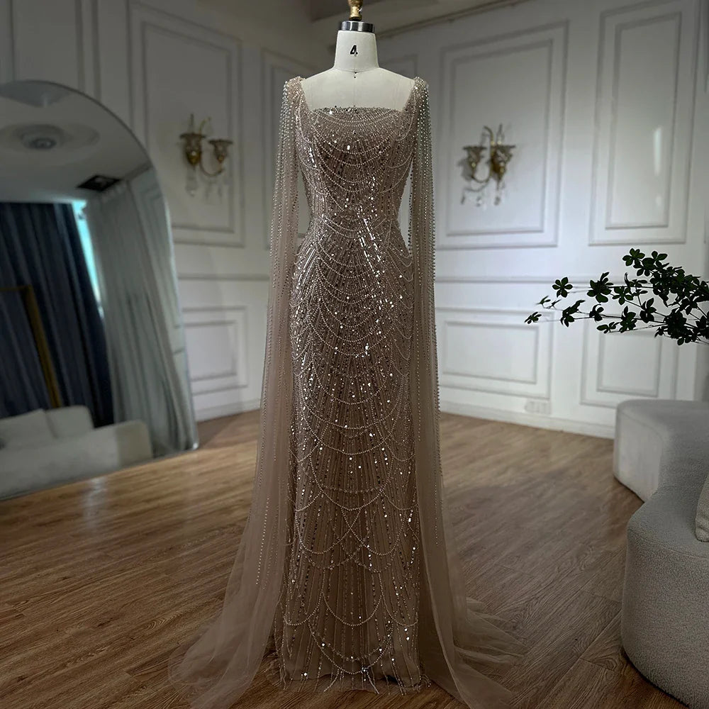 Luxury Turquoise Pearl Arabic Mermaid Evening Dress with Cape Sleeves LA72590A