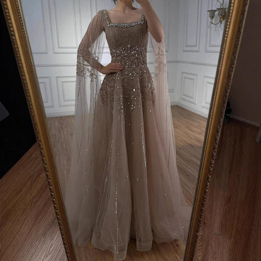 Luxury Caramel A-Line Beaded Evening Dress with Cape Sleeves LA73089A