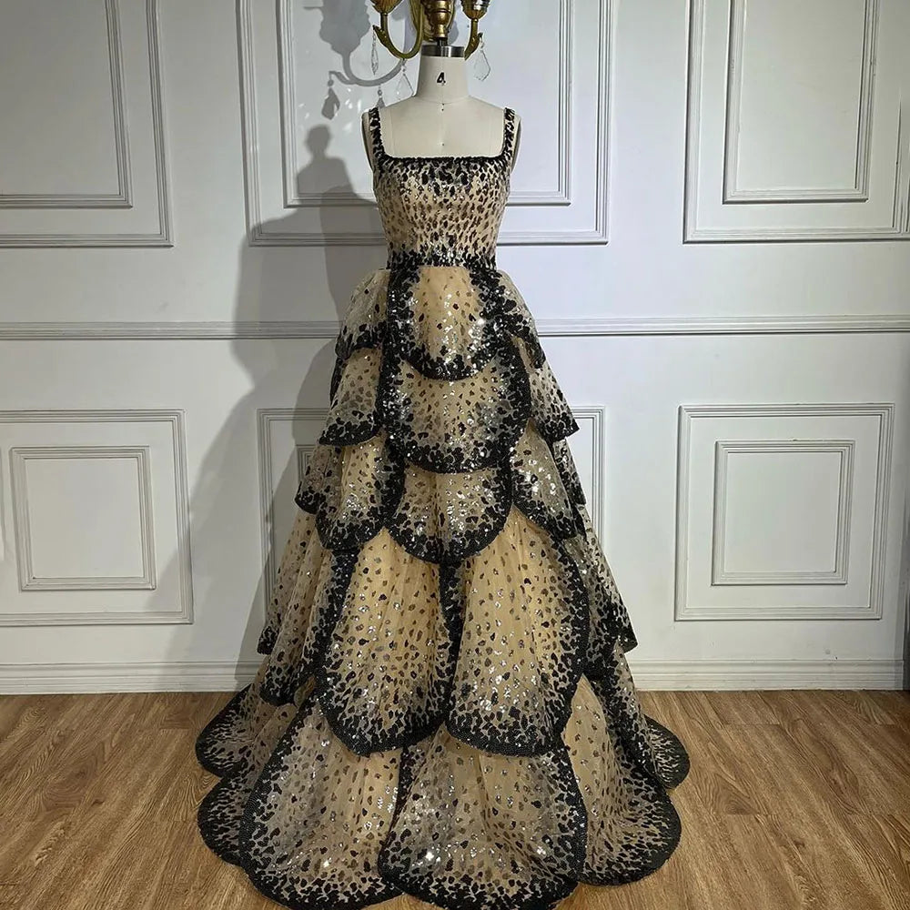 Designer Sparkly Sequin Tiered Ruffles Ball Gown Evening Dress LA72505