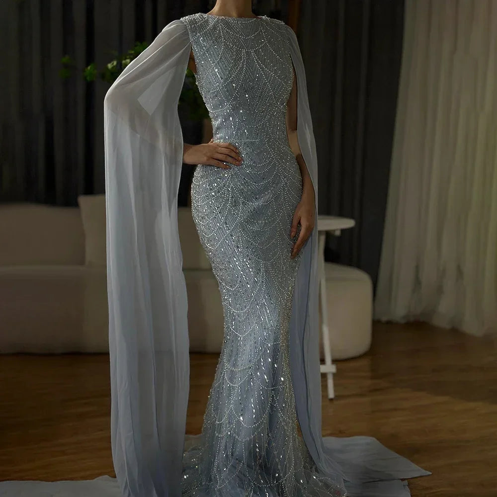 Luxury Blue Mermaid Evening Dress with Cape Sleeves Beaded Gown LA72160A