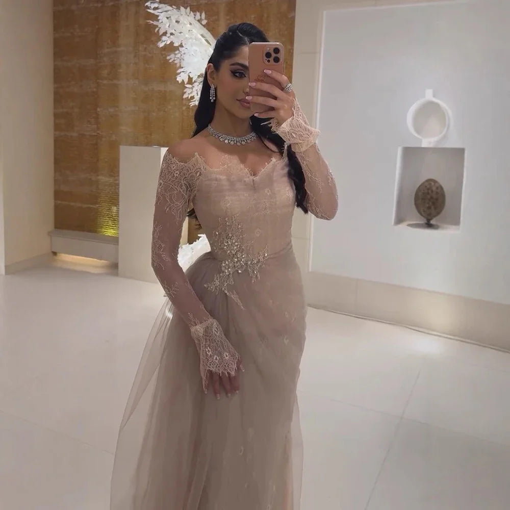 Luxury Light Pink Mermaid Lace Beaded Evening Dress LA72910