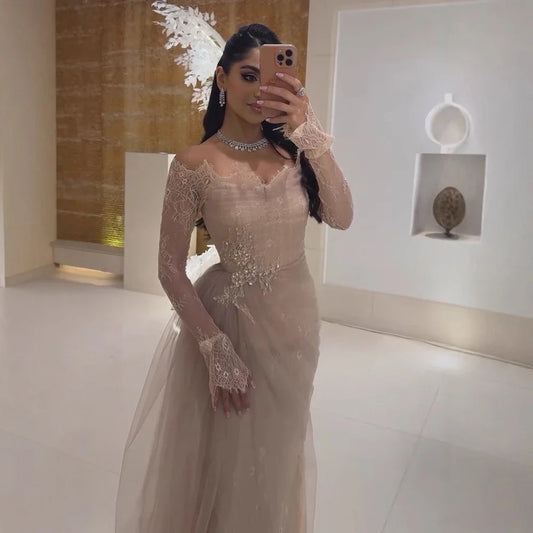 Luxury Light Pink Mermaid Lace Beaded Evening Dress LA72910