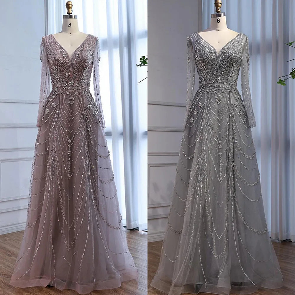 Luxury Pink Beaded A-Line Evening Dress 2025 with V Neck & Long Sleeves LA73114