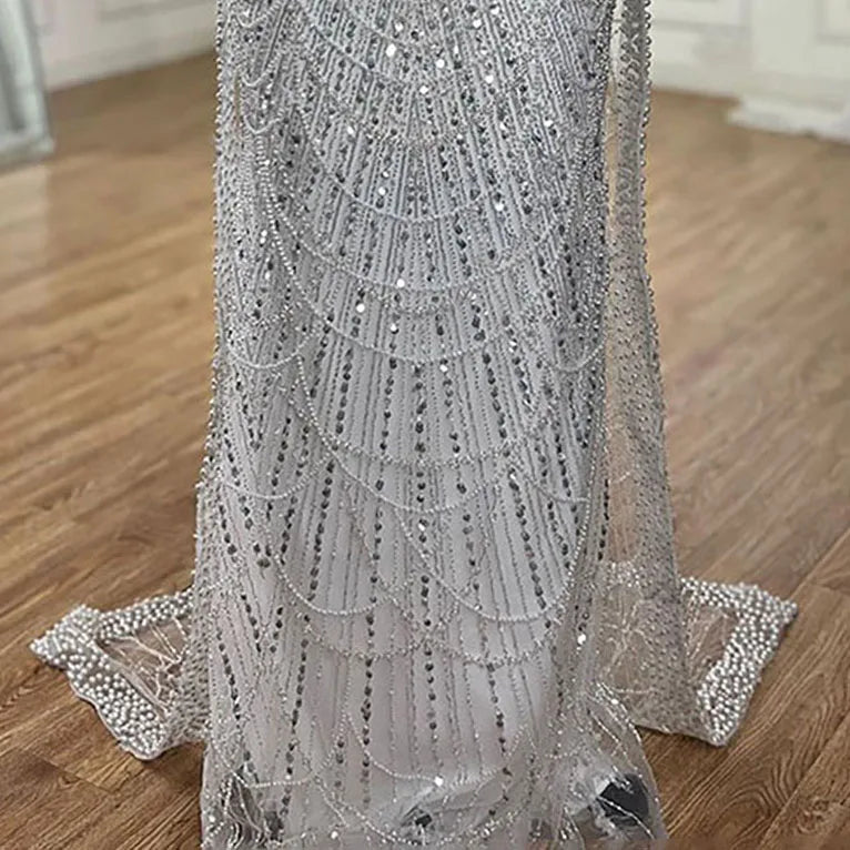 Luxury Turquoise Pearl Arabic Mermaid Evening Dress with Cape Sleeves LA72590A