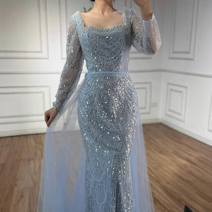 Blue Square Evening Dress  With  Long Sleeve  Plus Size LA72032N