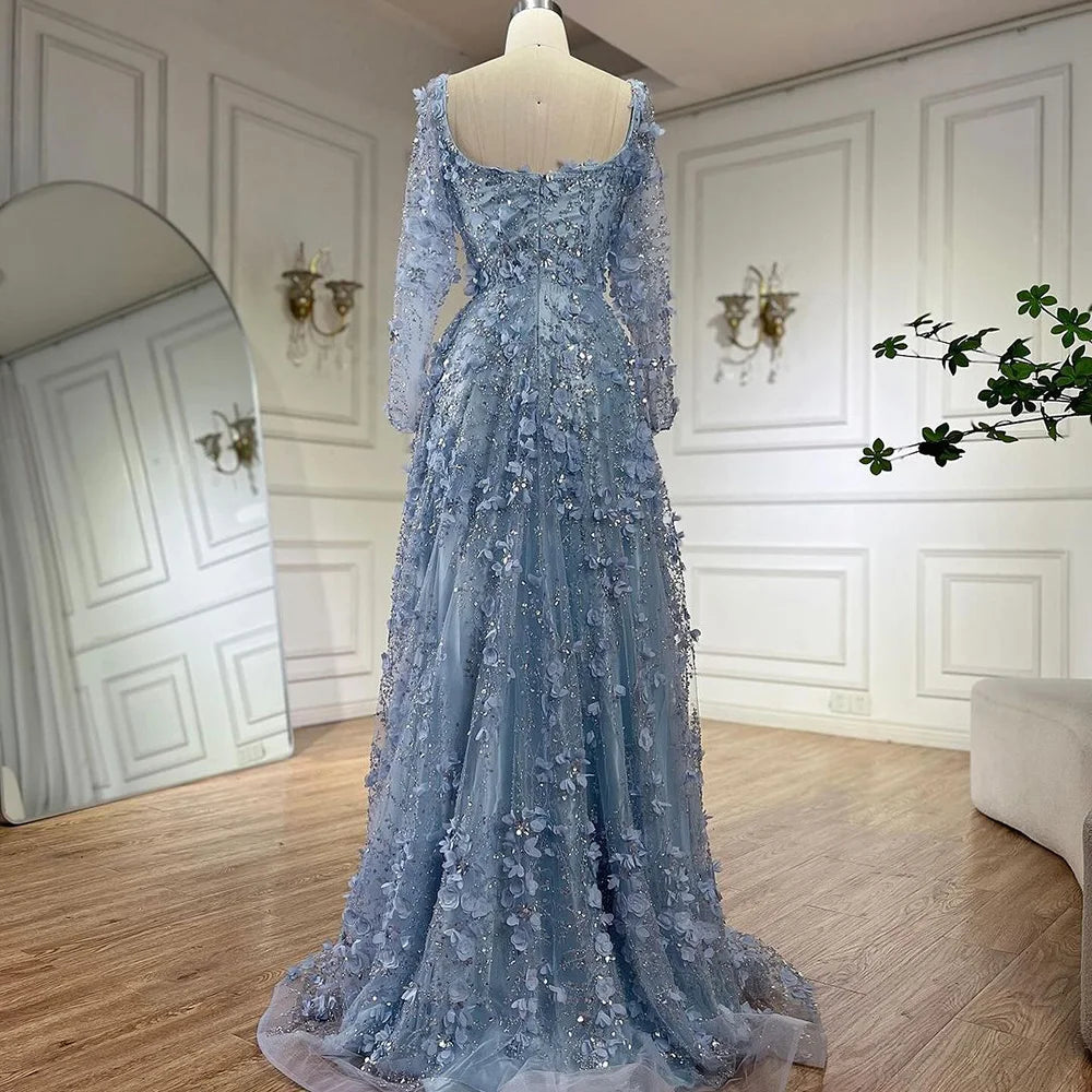 Luxury Arabic Gray A Line Elegant  3D Flower Evening Dress Long Sleeve LA72657