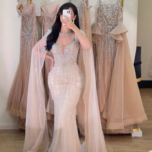 Elegant Beige Beaded Evening Dress with Cape Sleeves LA72992