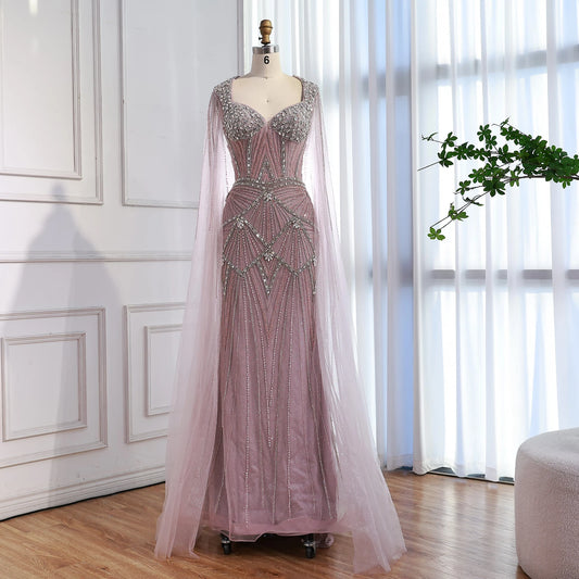 Luxury Dubai Pink Beaded Evening Dress With Cape LA73329
