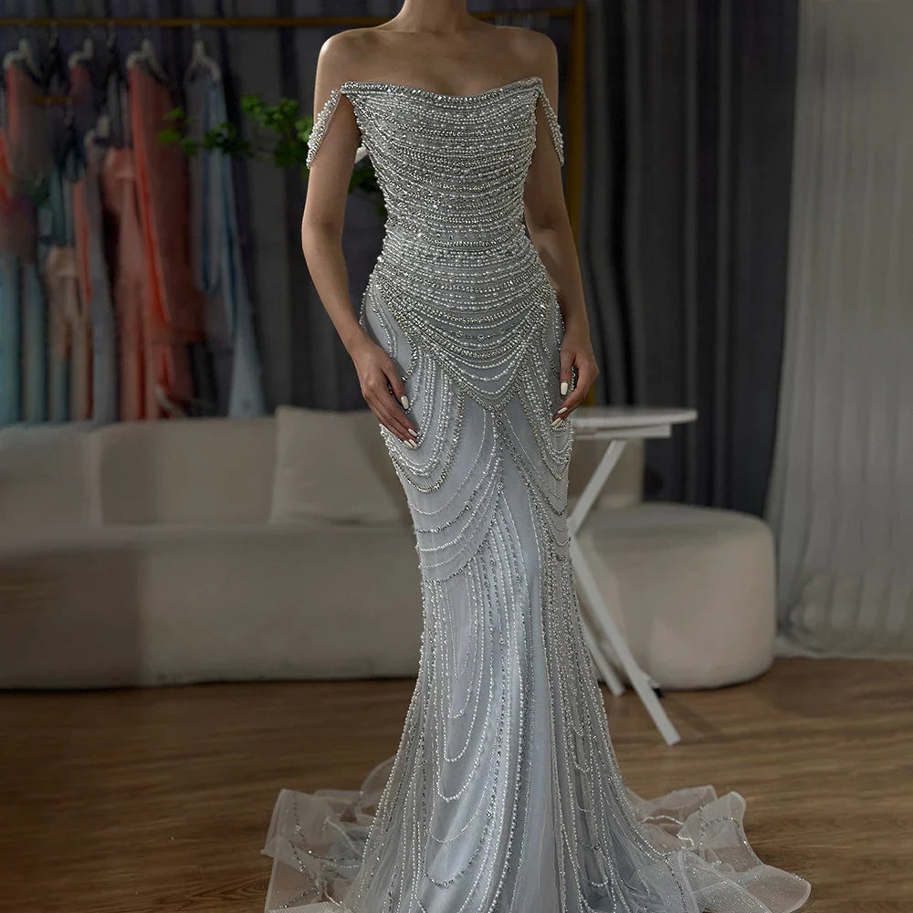 Luxury Crystal Silver Gray Mermaid Dubai Evening Dresses LA72253